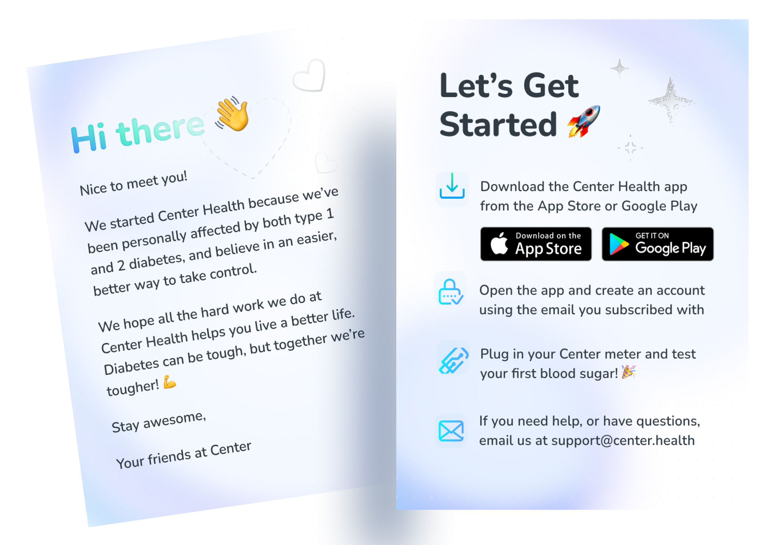 Center Health branding and packaging design — welcome letter and getting started guide