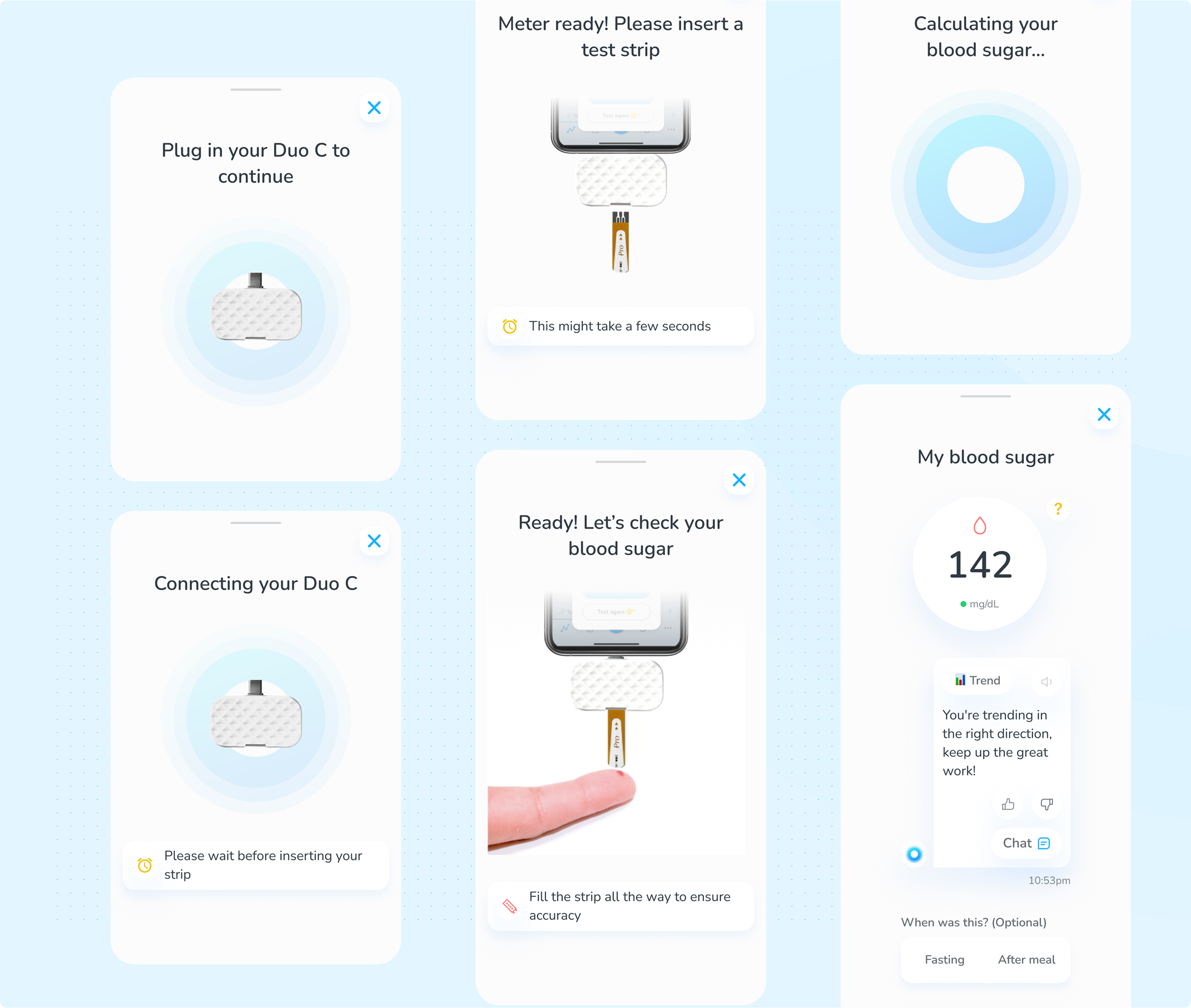 Center Health — blood glucose meter flow screens