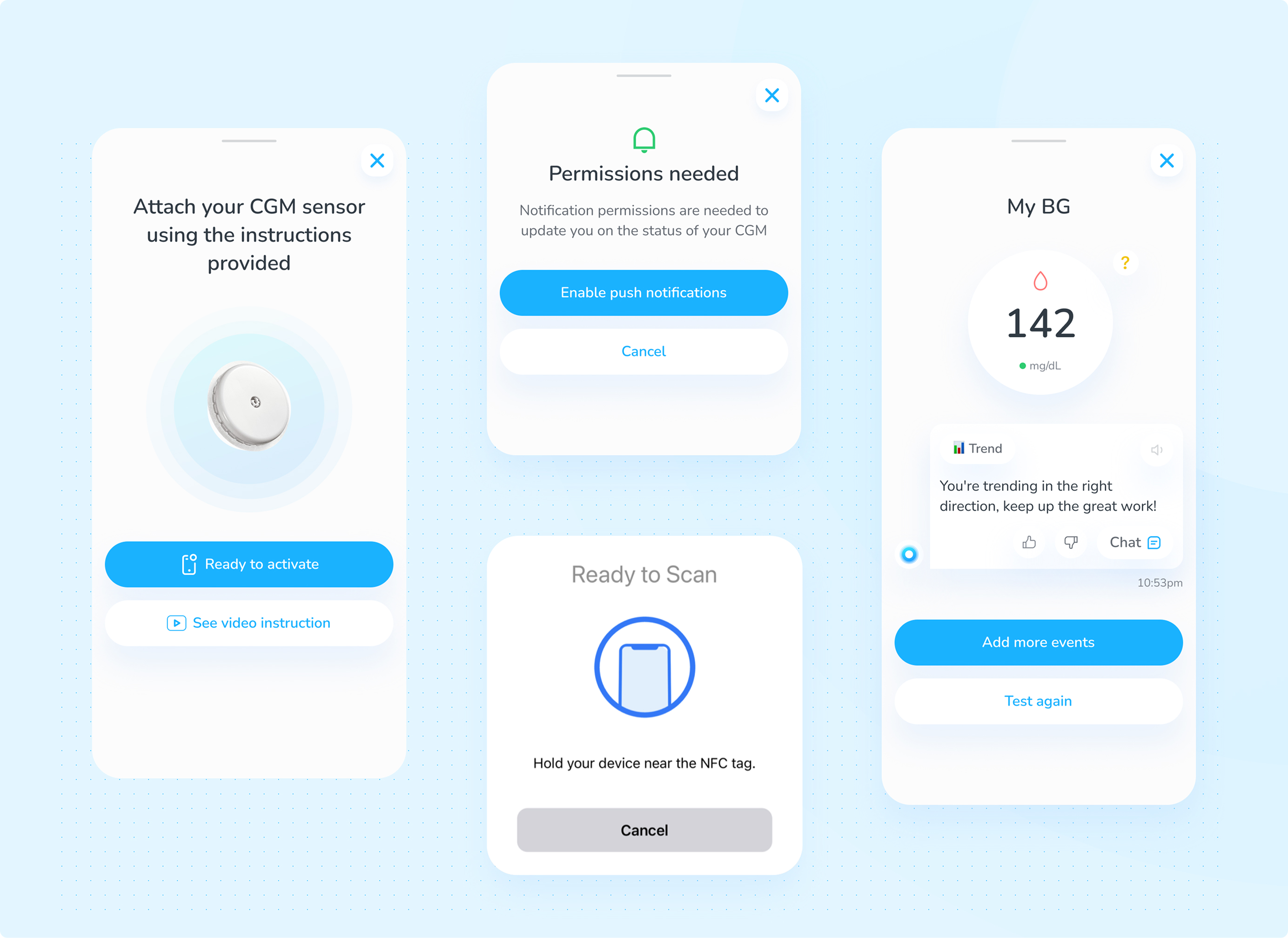 Center Health — CGM integration flow screens