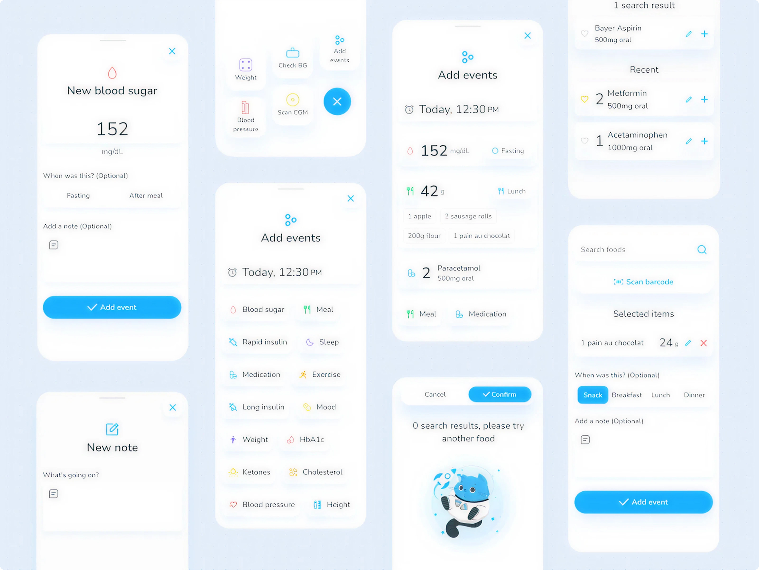 Center Health logging hub — one-tap event tracking screens