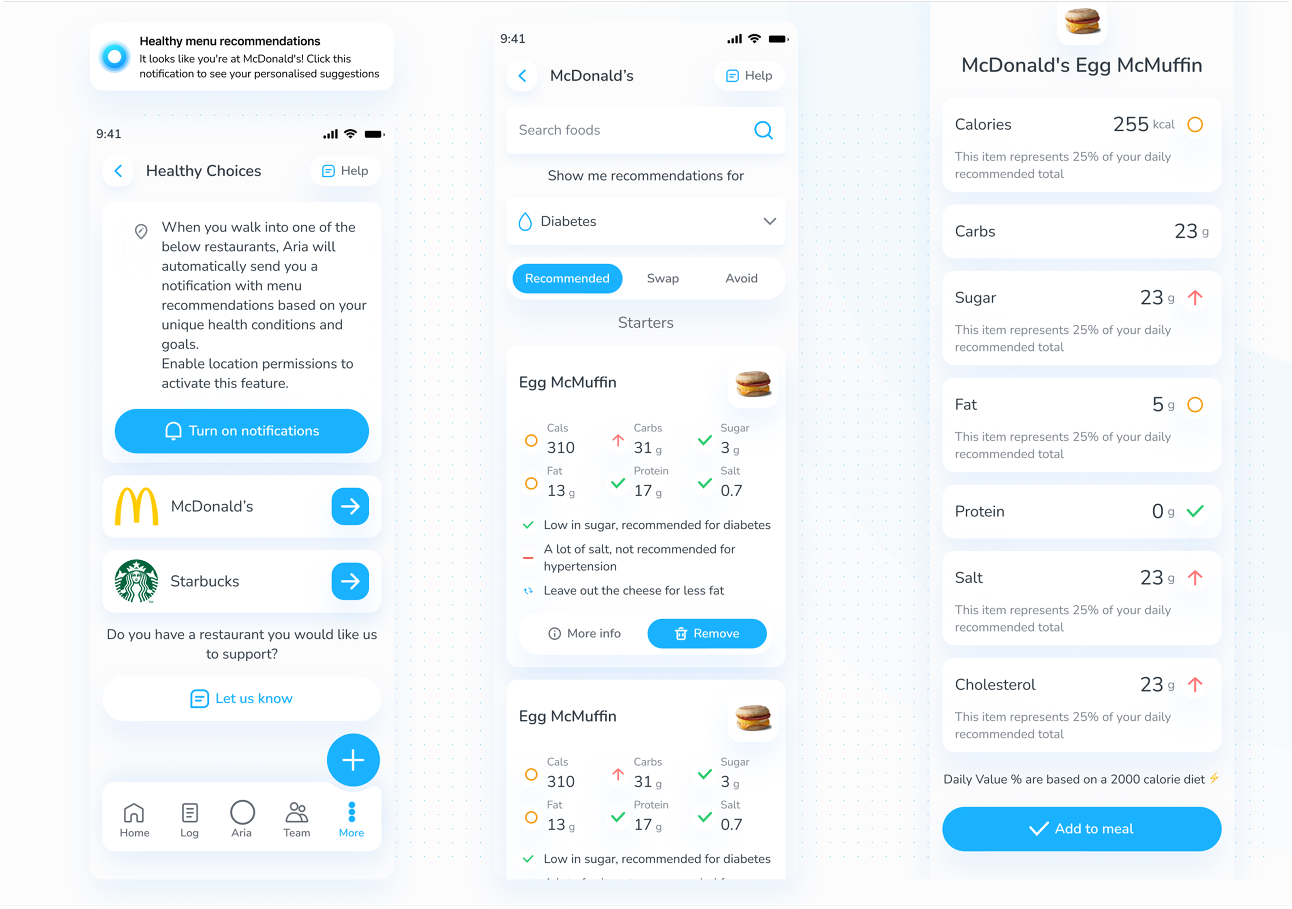 Center Health meal logging — nutrition tracking and restaurant menu suggestions