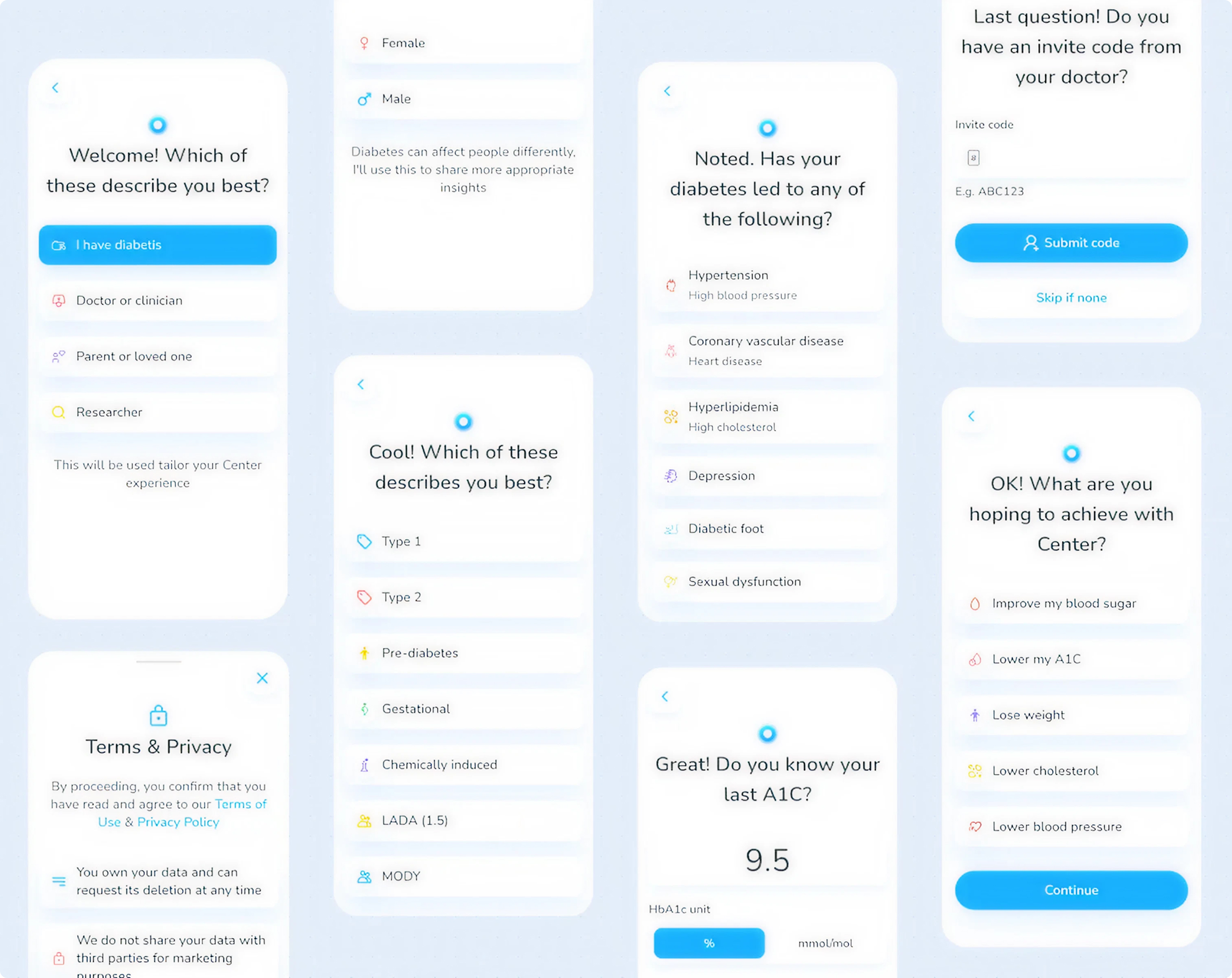 Center Health onboarding flow — adaptive UX screens