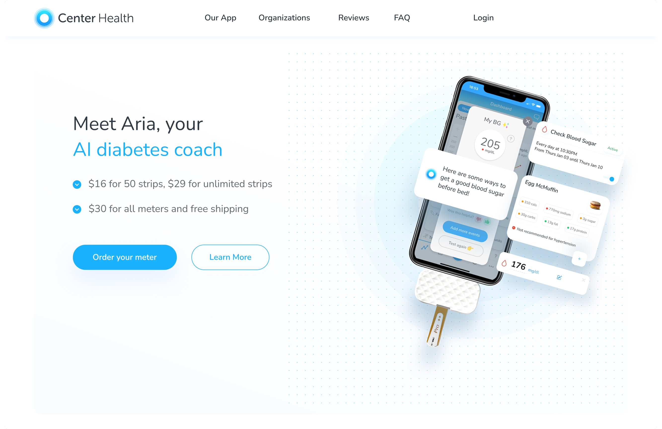 Center Health website — Meet Aria, your AI diabetes coach