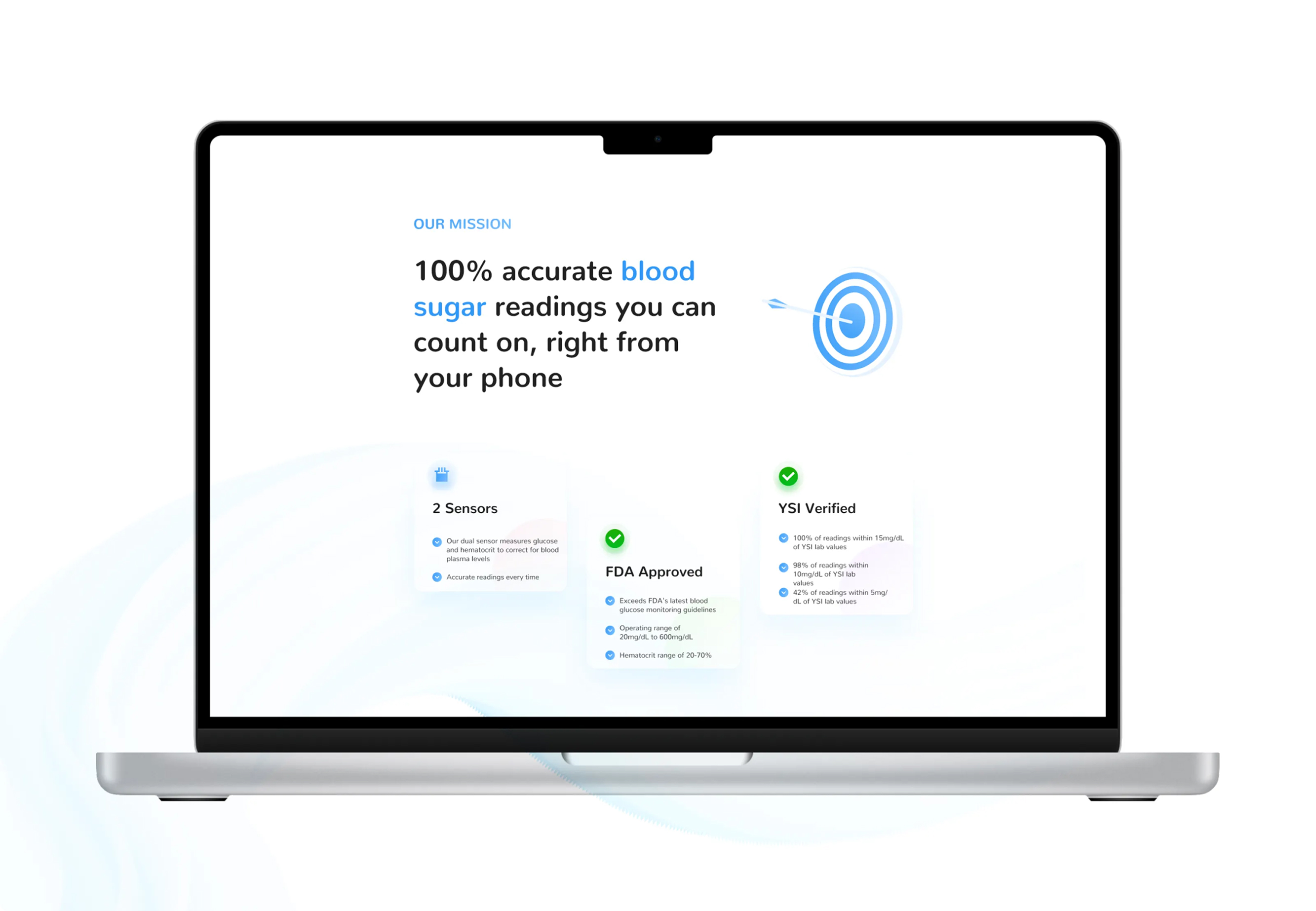 Center Health website hero — 100% accurate blood sugar readings from your phone